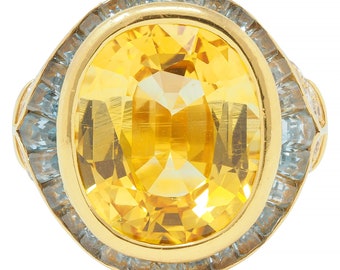 Bulgari Vintage Yellow Sapphire Aquamarine Diamond 18 Karat Gold Halo Ring