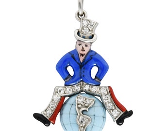 Art Deco Diamond Enamel Platinum Uncle Sam Sitting Globe Charm