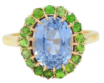 Vintage 5.63 CTW No Heat Ceylon Sapphire Demantoid Garnet 18 Karat Yellow Gold Halo Ring GIA