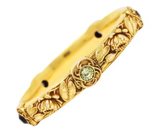 Schumann Son's Riker Bros. Art Nouveau Multi-Color Montana Sapphire 14 Karat Yellow Gold Floral Pad Lotus Antique Bangle Bracelet