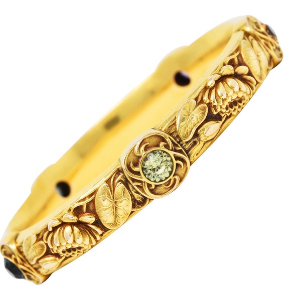 Schumann Son's Riker Bros. Art Nouveau Multi-Color Montana Sapphire 14 Karat Yellow Gold Floral Pad Lotus Antique Bangle Bracelet