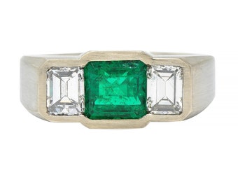 3.79 CTW Colombian Emerald Diamond 14 Karat White Gold Three Stone Men's Unisex Ring AGL