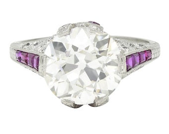 Art Deco 6.43 CTW Old European Diamond Ruby Platinum X Engagement Ring GIA
