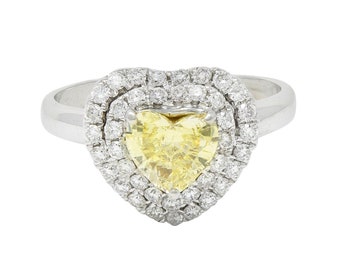 Vintage 1.50 CTW Fancy Light Yellow Heart Diamond 18 Karat Gold Halo Ring Gia