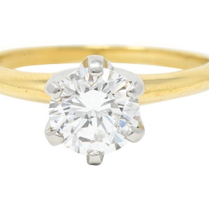 Tiffany & Co. 1980's 1.02 CTW Diamond Platinum 18 Karat Yellow Gold Six Prong Knife Edge Vintage Solitaire Engagement Ring GIA