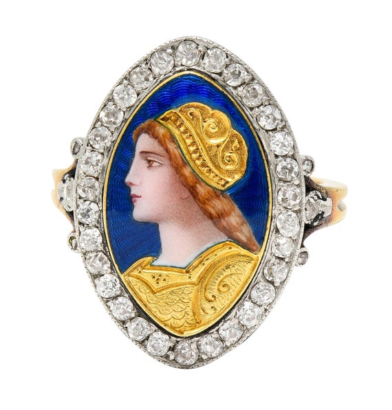 1890's Victorian Guilloche Enamel Diamond Platinu… - image 1