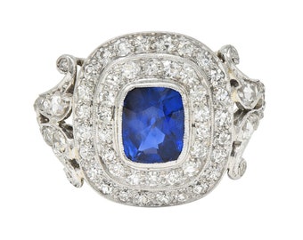 Art Deco 2.45 CTW No Heat Burma Sapphire Diamond Platinum Vintage Halo Ring Gia