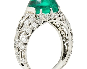 Edwardian 5.90 CTW Colombian Emerald Cabochon Old European Cut Diamond Platinum Scrolling Fleur-De-Lis Antique Gemstone Ring AGL