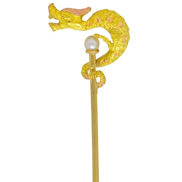 Carter Gough & Co. Art Nouveau Pearl 14 Karat Tri-Colored Gold Dragon Stickpin