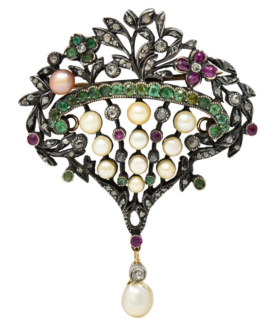 Victorian French Diamond Ruby Emerald Pearl Silver