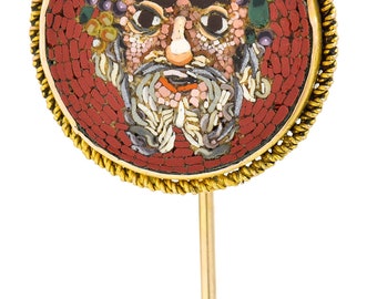 1860&#39;s Victorian Hardstone 14 Karat Gold Micromosaic Greek Mythological Dionysus Antique Stickpin