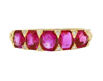 Art Nouveau 1.67 CTW Ruby Diamond 18 Karat Yellow Gold Foliate Antique Band Ring