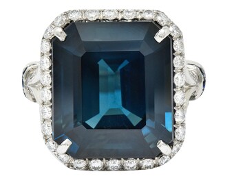 Substantial 20.95 CTW Emerald Cut Sapphire Diamond Platinum Statement Vintage Ring AGL