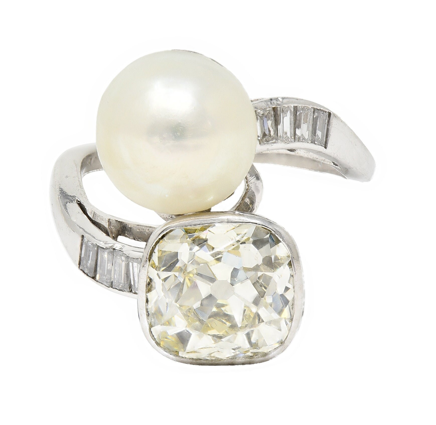Mid-century CTW Old Mine Cut Diamond Pinctada Pearl Platinum