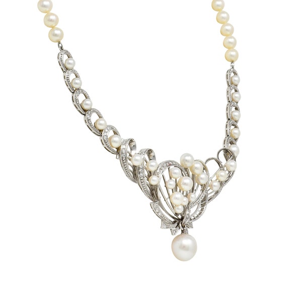 Mikimoto 1950's Diamond Pearl 14 Karat White Gold… - image 2
