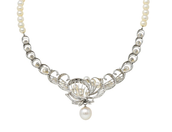Mikimoto 1950's Diamond Pearl 14 Karat White Gold… - image 3