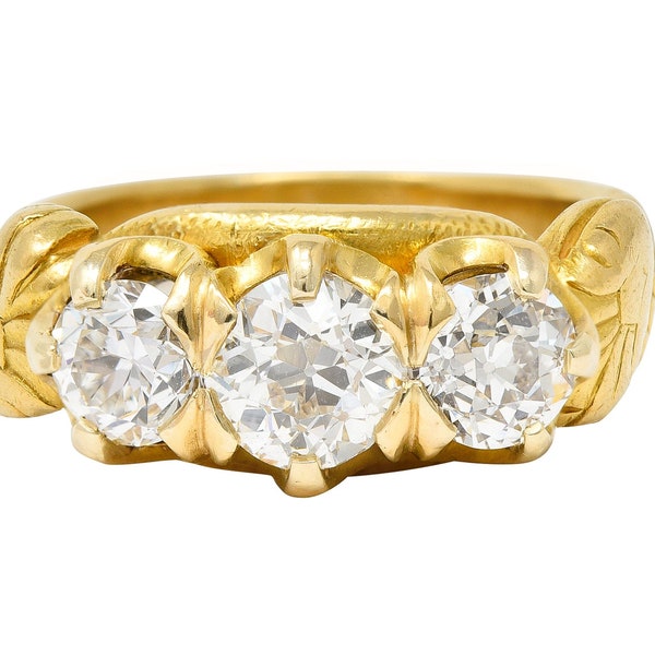 Tiffany & Co. Victorian 1.40 CTW Old European Cut Diamond 18 Karat Yellow Gold Snake Belcher Set Antique Three Stone Ring