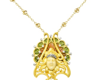 French Art Nouveau Diamond Plique-A-Jour Enamel Platinum-Topped 18 Karat Yellow Gold Lady Antique Station Necklace