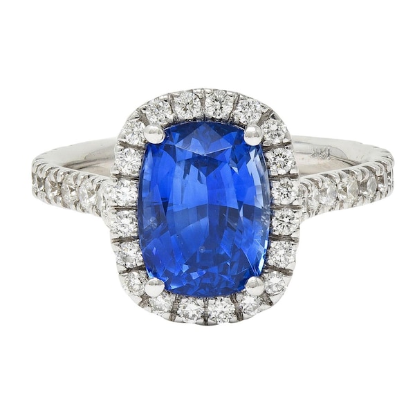 Contemporary 4.67 CTW Sapphire Diamond 18 Karat White Gold Halo Ring