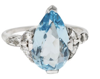 1950's Mid-Century 2.00 CTW Aquamarine Diamond Platinum Vintage Gemstone Ring