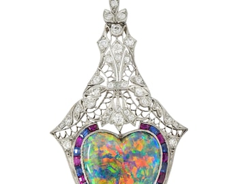 Edwardian 9.64 CTW Diamond Sapphire Ruby Heart Shaped Black Opal Antique Pendant