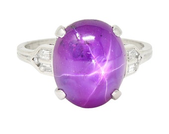 Tiffany & Co. Art Deco 11.70 CTW No Heat Ceylon Fancy Purple Star Sapphire Diamond Platinum Cabochon Ring AGL