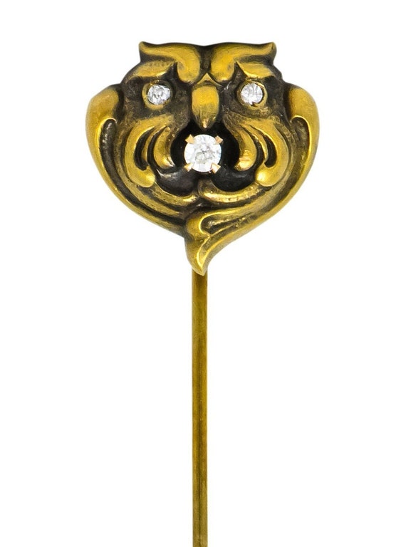 Art Nouveau Diamond 10 Karat Gold Stylized Owl Sti
