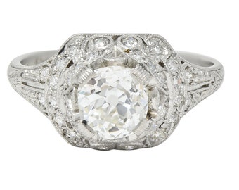 Art Deco 1.71 CTW Old Mine Cut Diamond Platinum Ribbon Vintage Engagement Ring