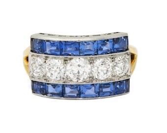 Art Deco 2.80 CTW Diamond Sapphire Platinum 18 Karat Gold Vintage Band Ring