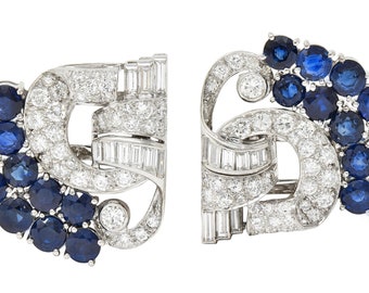 Cartier Mid-Century 13.92 CTW Sapphire Diamond Platinum Vintage Brooch Clips