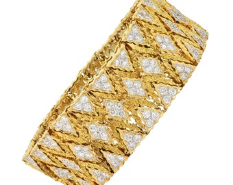 Buccellati 1970s 9.15 CTW Diamond 18 Karat Yellow Gold Textured Mesh Bracelet