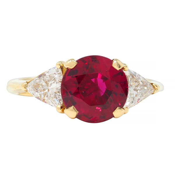 1980's 2.80 CTW No Heat Ruby Diamond 18 Karat Yellow Gold Three Stone Ring GIA