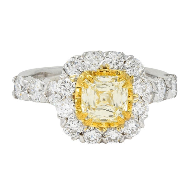 Contemporary 2.09 CTW Cushion Cut Diamond 18 Karat Gold Halo Engagement Ring Gia