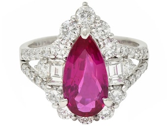 Contemporary 5.11 CTW Pear Cut Mozambique No Heat Ruby Diamond Ring AGL