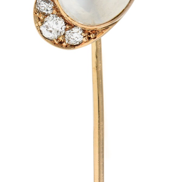 Victorian Diamond Moonstone Cabochon 14 Karat Yellow Gold Crescent Jockey Hat Antique Stickpin