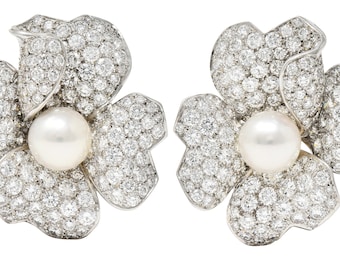 Cartier Vintage 9.28 CTW Diamond South Sea Pearl 18 Karat White Gold Flower Earrings