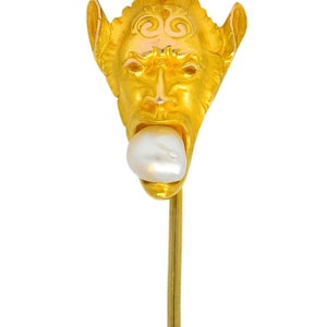 Art Nouveau Pérola Barroca Ouro 14 quilates Deus Grego Pan Stickpin Carter Gough & Co.