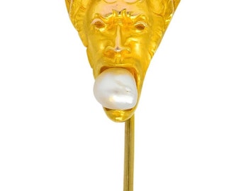 Carter Gough & Co. Art Nouveau Baroque Pearl 14 Karat Gold Greek God Pan Stickpin