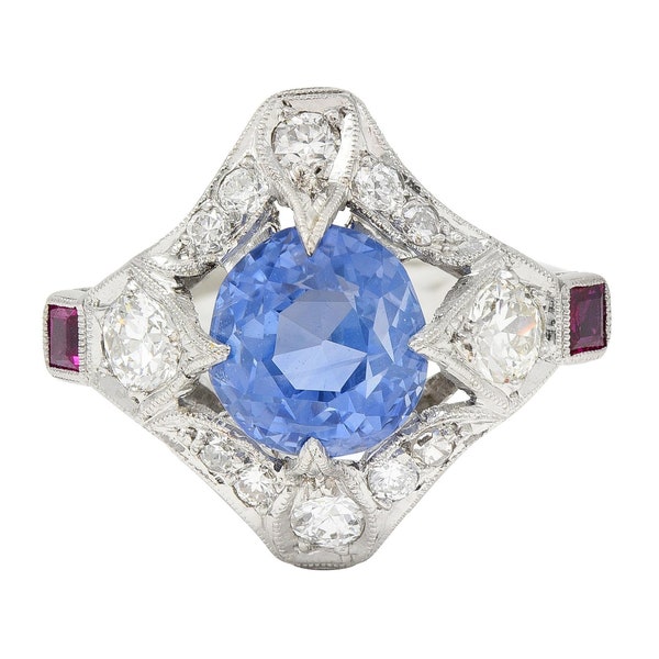 Art Deco 7.92 CTW No Heat Ceylon Sapphire Diamond Ruby Platinum Vintage Ring Gia