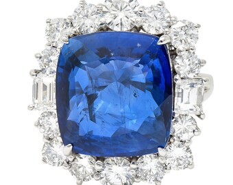 Contemporary 19.62 CTW Cushion Ceylon Sapphire Diamond Platinum Cluster Ring GIA