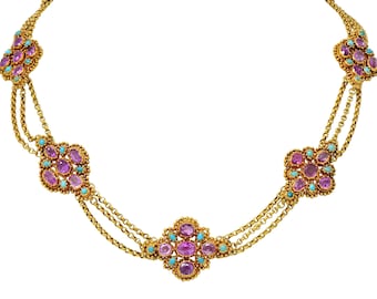 Victorian Etruscan Pink Sapphire Turquoise 18k Gold Antique Station Necklace