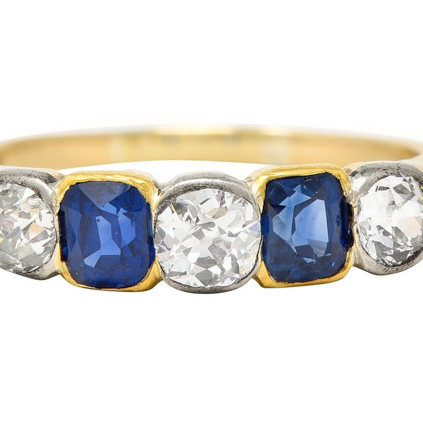 Victorian 1.63 CTW Old Mine Cut Diamond Sapphire Platinum 14 Karat Yellow Gold Five Stone Antique Band Ring