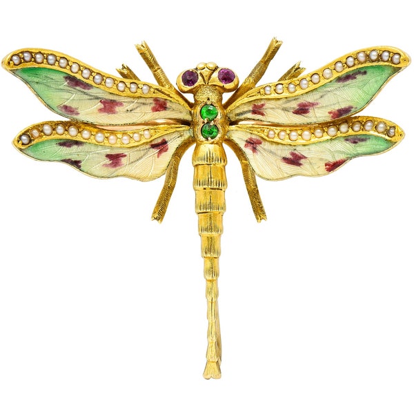 Riker Bros. Art Nouveau Ruby Demantoid Garnet Pearl Basse-Taille Enamel 14 Karat Yellow Gold Antique Dragonfly Brooch