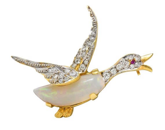 1960's Opal Diamond Ruby Platinum 18 Karat Gold V… - image 2