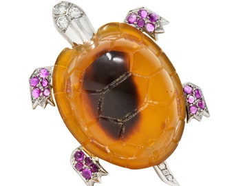 1950's Cartier Ruby Diamond Platinum 18 Karat Gold Turtle Brooch