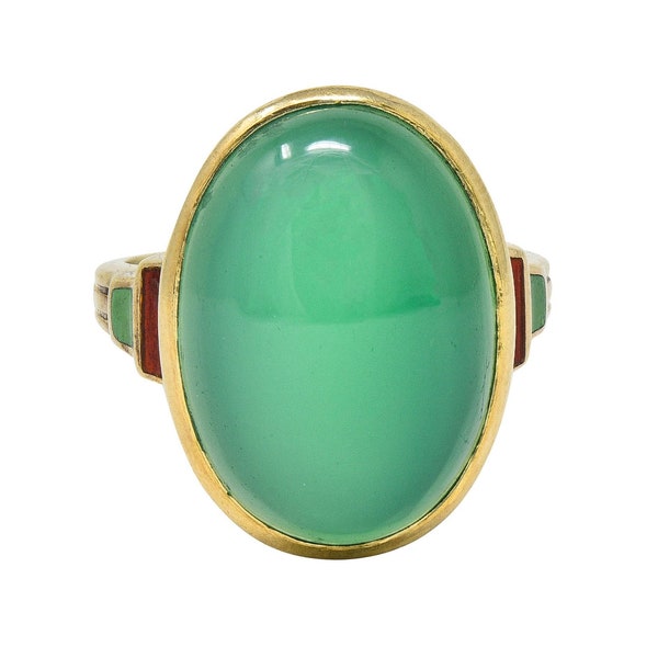 Allsopp Bros. Art Deco Chrysoprase Enamel 14 Karat Yellow Gold Antique Ring