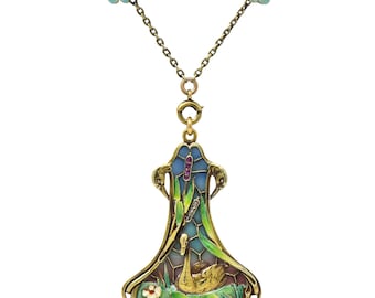 Art Nouveau Plique-a-Jour Enamel 14 Karat Gold Antique Swan Pendant Necklace