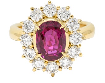 Contemporary 4.28 CTW Oval Step Cut Ruby Diamond 18 Karat Yellow Gold Halo Ring GIA