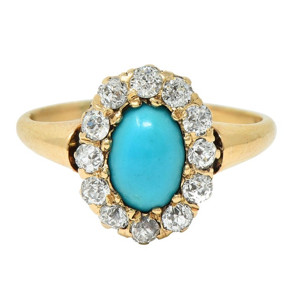 Victorian Turquoise Diamond 14 Karat Yellow Gold Antique Halo Ring