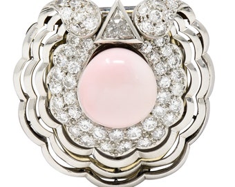 French Pink Saltwater Conch Pearl Diamond Platinum Scallop Shell Vintage Mid-Century Brooch Clip GIA